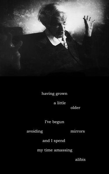 Amassing Alibis, photograph by Patricia Morris, poetry by my son, Ira Henderson