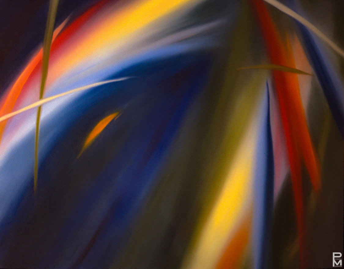Colourful abstract oil painting focused on playing with primary colours and movement