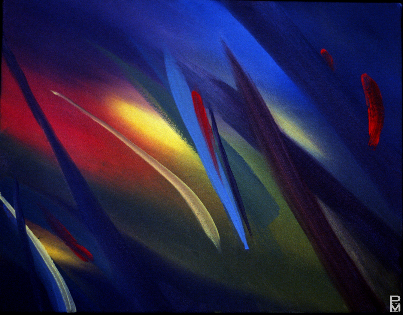Colourful abstract oil painting focused on playing with primary colours and movement