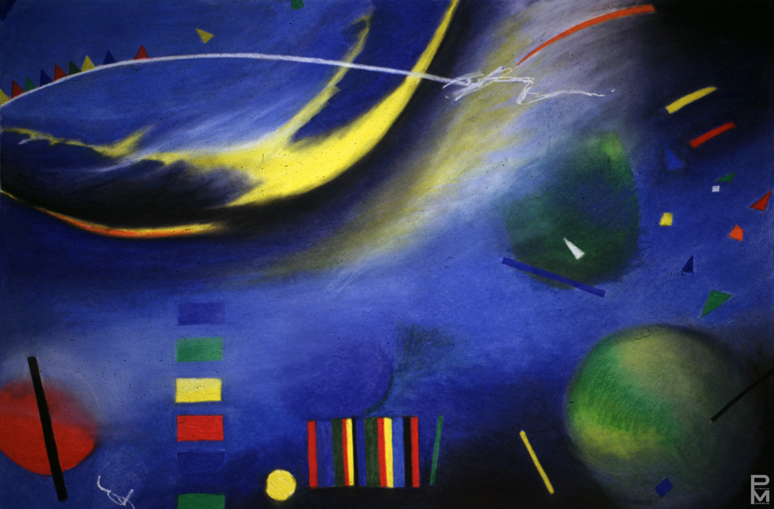 Large, abstract soft pastel painting, primarily cobalt blue, with geometric shapes.