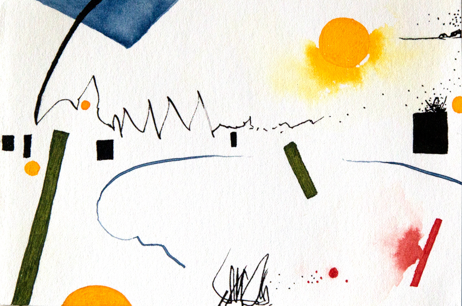 Small abstract ink painting with geometric shapes and lines.