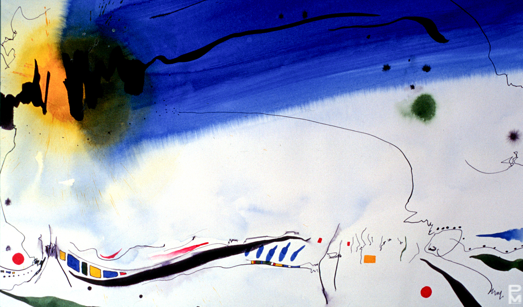 Abstract ink painting with geometric shapes and lines.