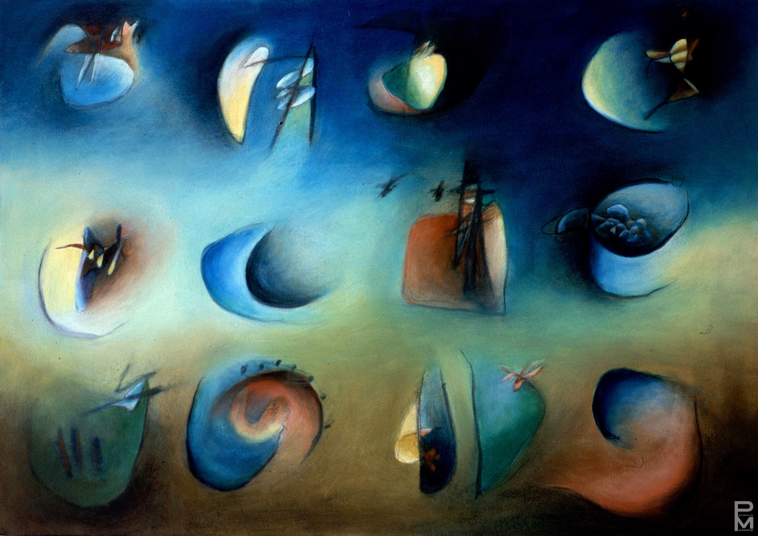 Abstract oil painting of a collection of 12 similar but varied objects, exch with a unique identity.