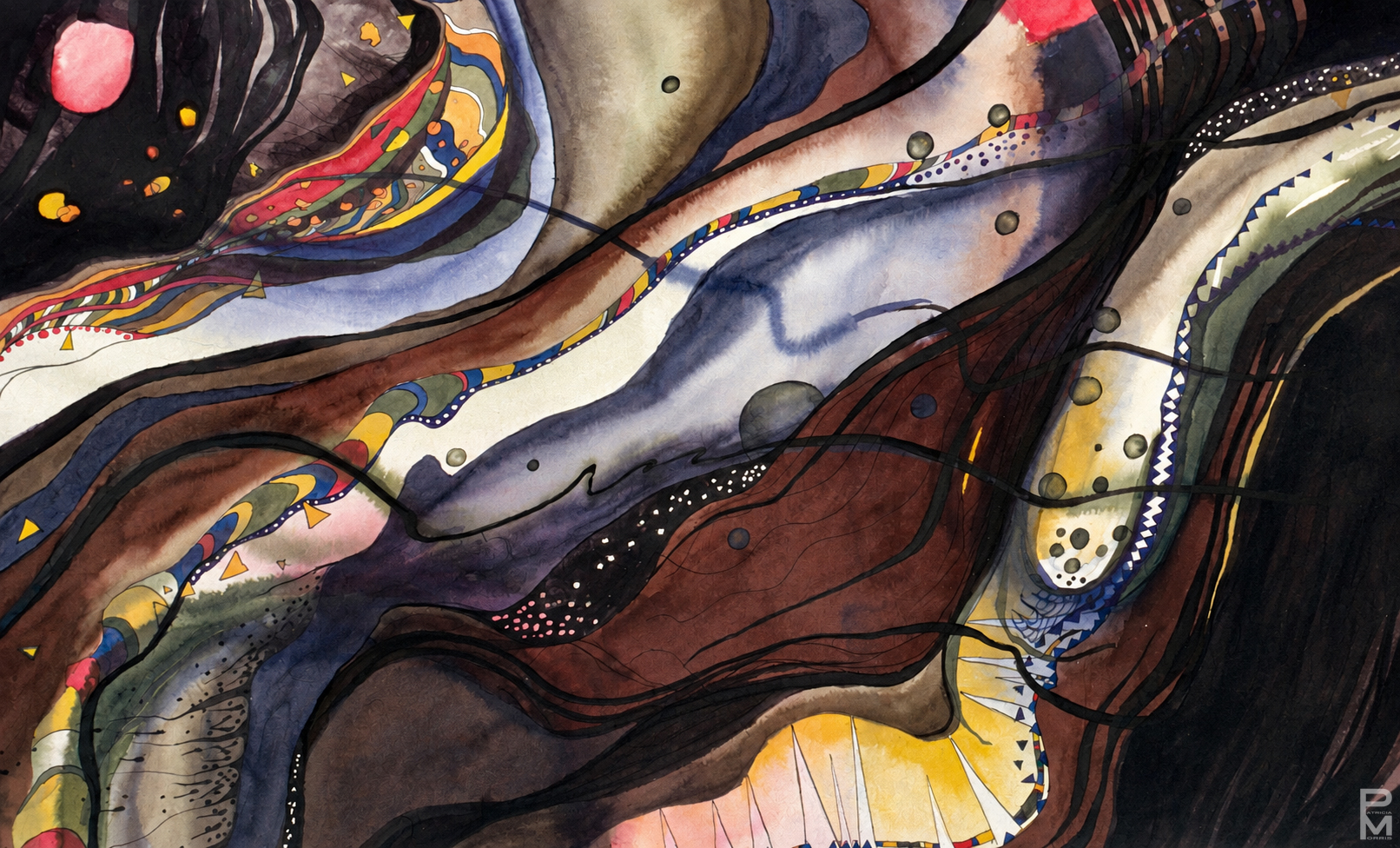 Organic forms in a diagonal, layered pattern reveal intriguing highlights against dark sediments and textures.