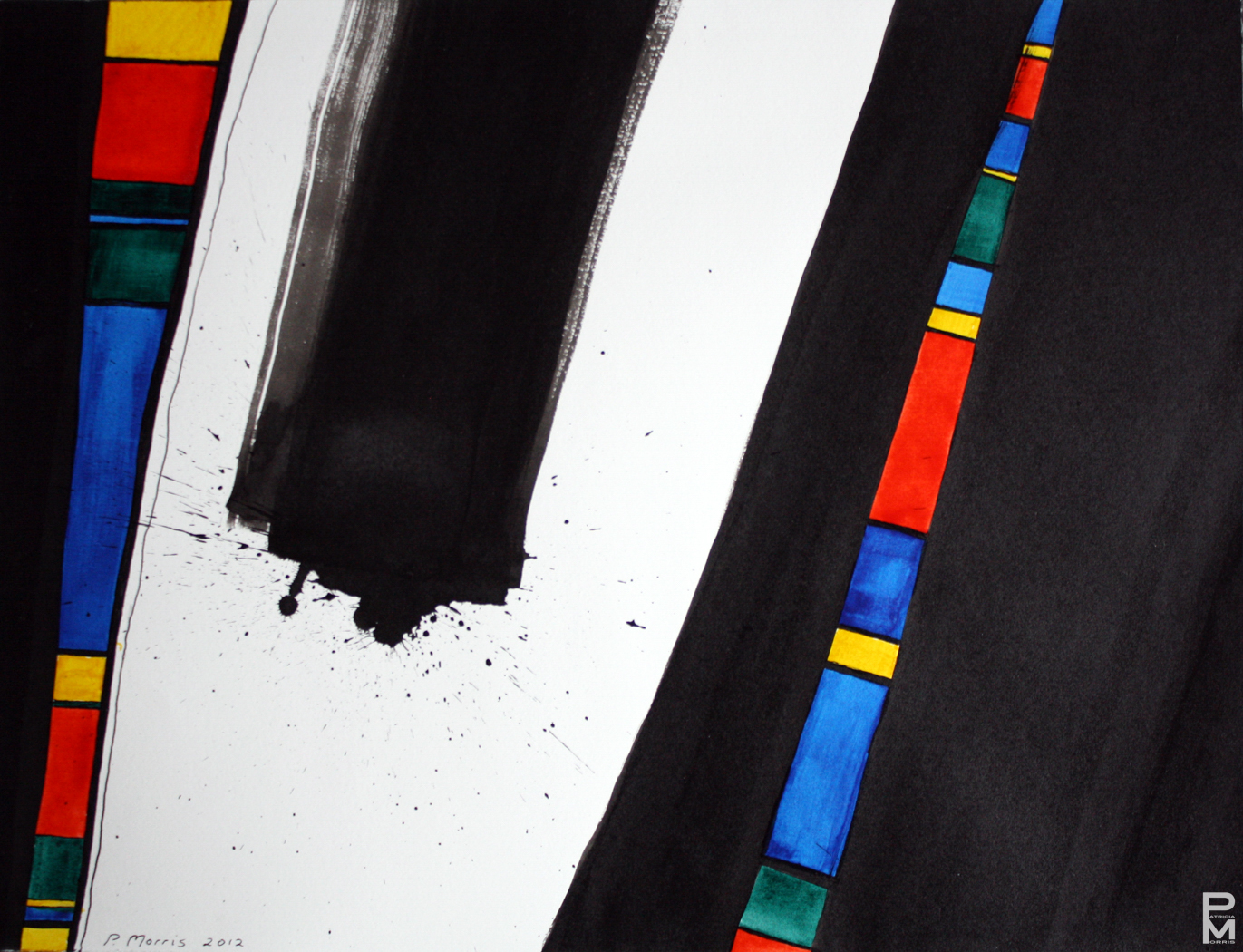 Abstract ink painting with geometric shapes and lines.