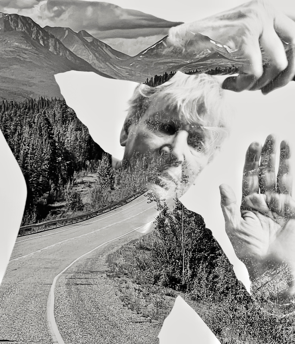 Digital photograph, double exposure of me and a highway scene.