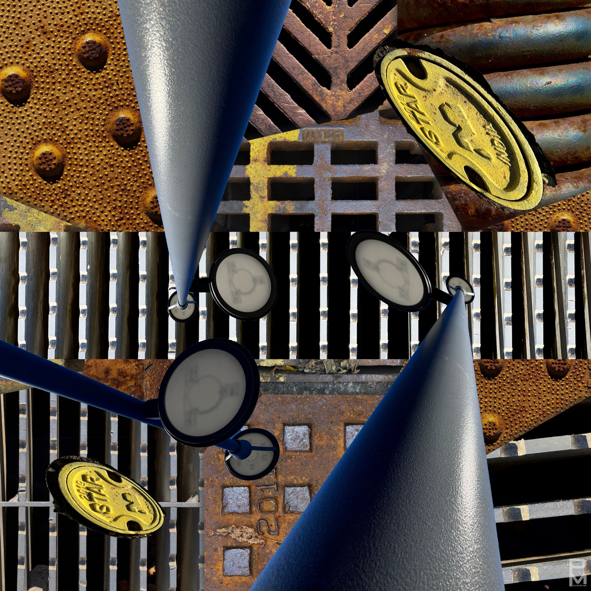 Digital collage of parking lot textures, including rusted grates, a manhole cover, and bicycle reflectors
