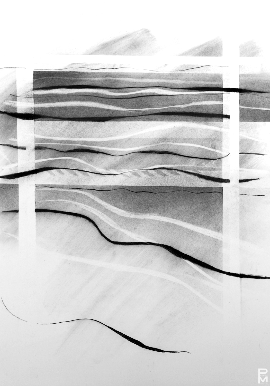 Charcoal drawing on paper of an abstracted interpretation of moving through landscape