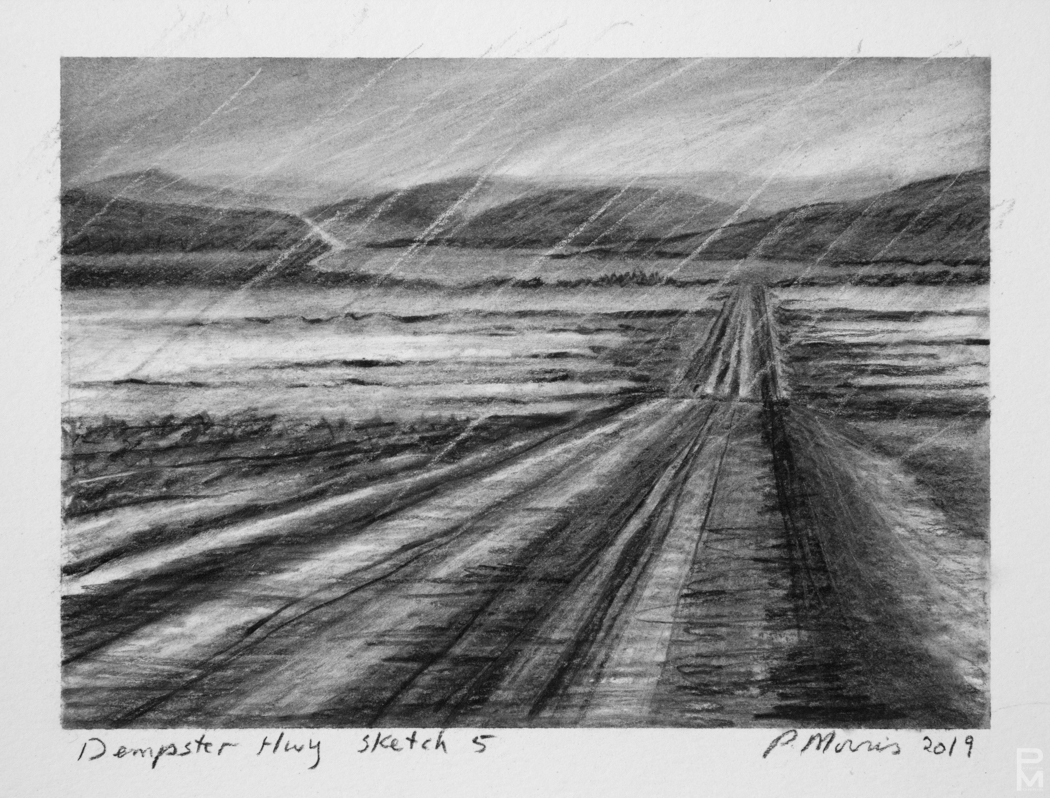 Conté sketch of the Dempster Highway on a rainy summer day