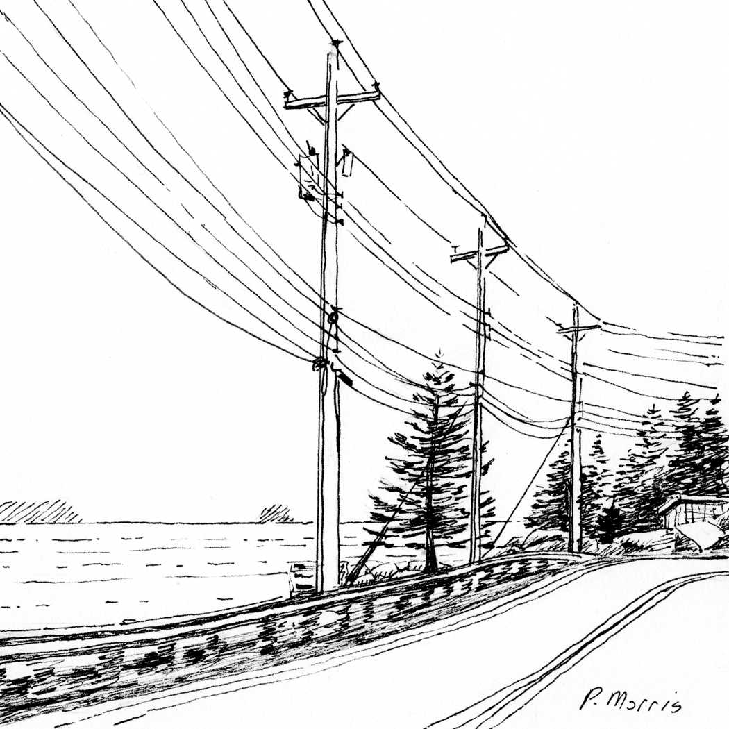 Small ink drawing of a coastal drive in St. Margarets bay, Nova Scotia