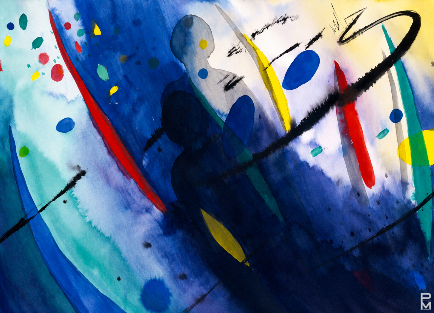 A colourful abstract ink painting with two shadows of a woman cast in the cenre