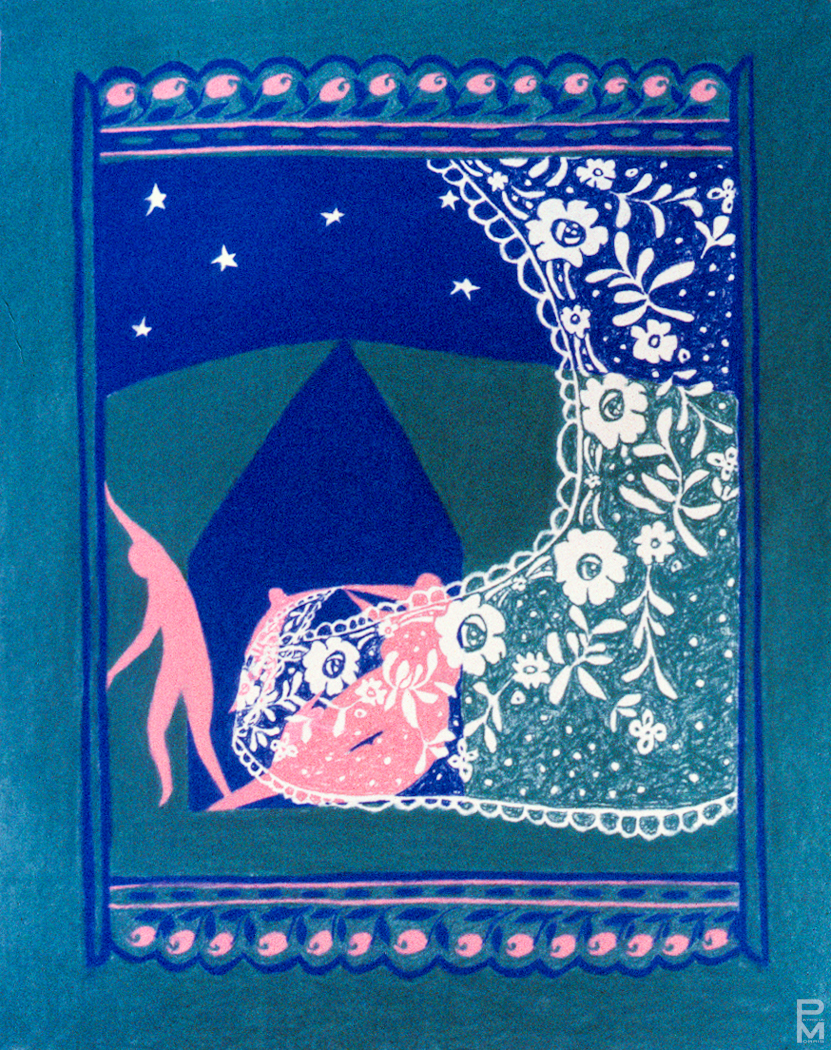 Pastel drawing of a woman playing with her child and making lace while a man secures the environment so they can't leave.