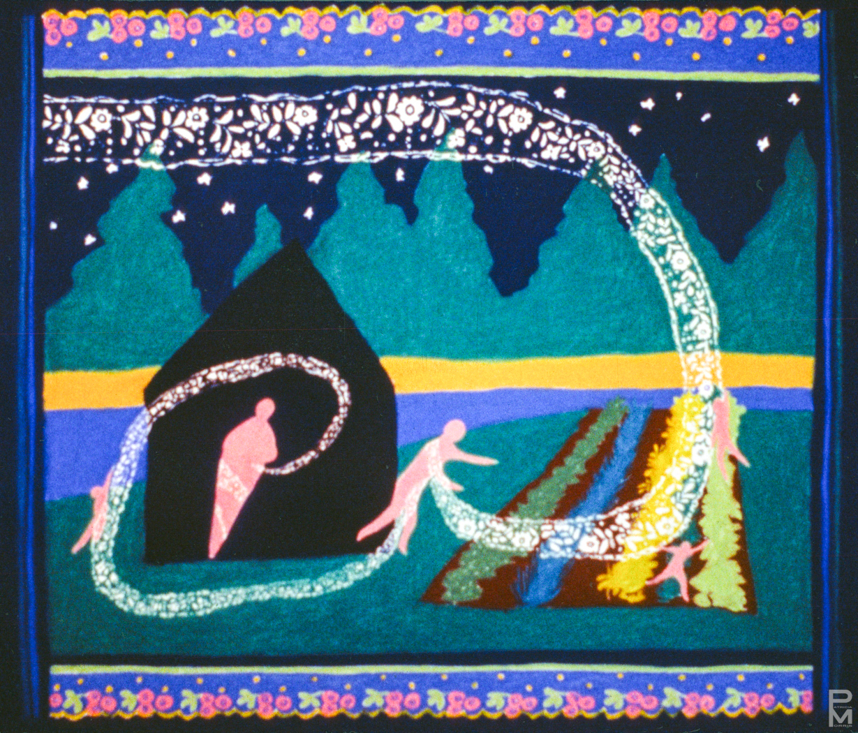 Pastel drawing of a woman stuck in a house andmaking lace while children and a man play in the garden outside.