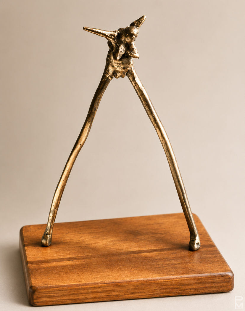 A bronze sculpture of a female figure looking like a wishbone 