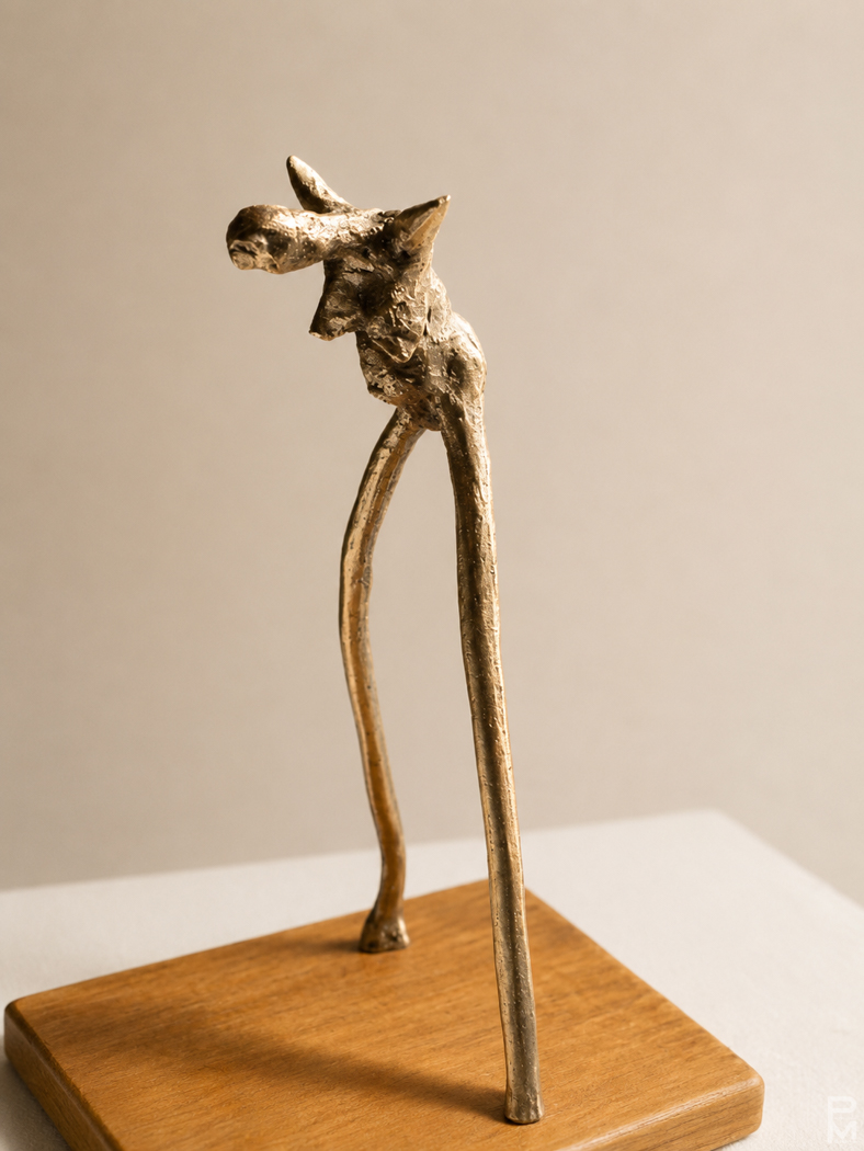 A bronze sculpture of a female figure looking like a wishbone with a wooden base