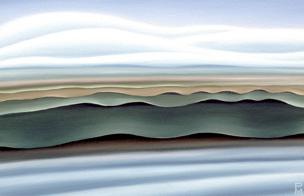Stylized painting of rolling hills, sky, and water in soft blue-green horizontal bands