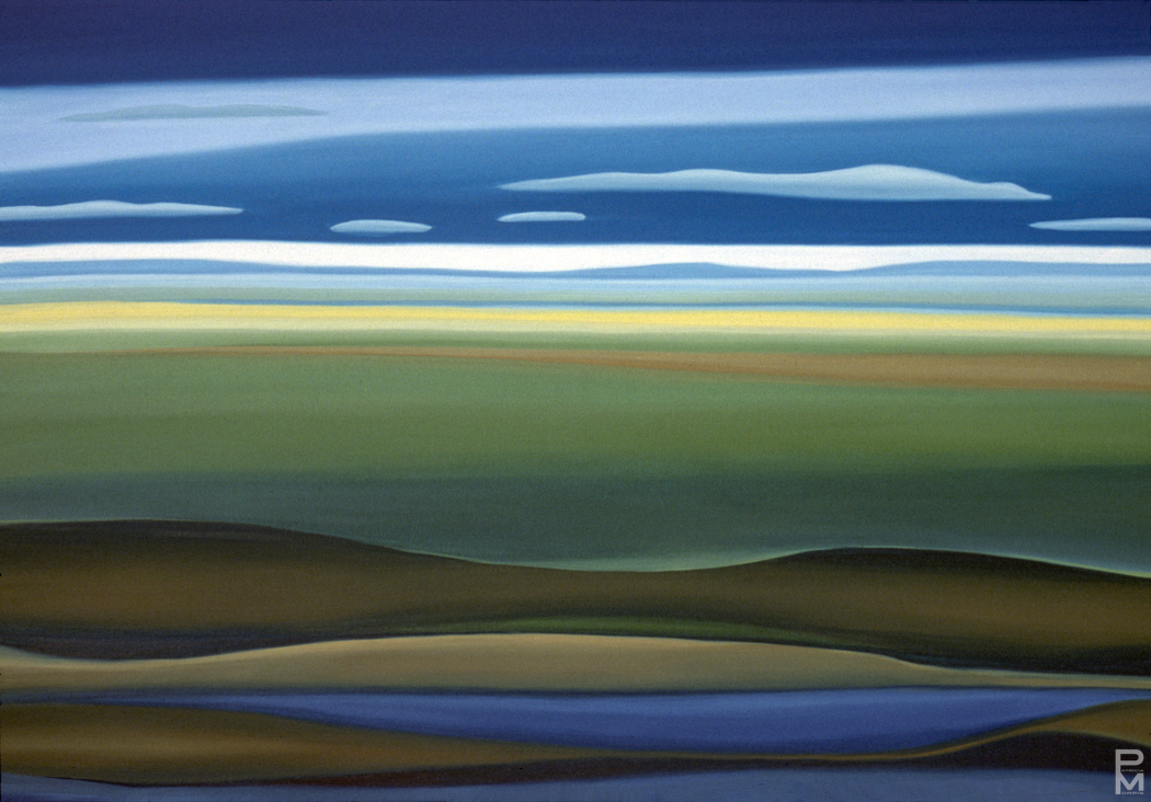 Stylized landscape painting of layered sky, distant hills, green fields, and calm water in horizontal bands