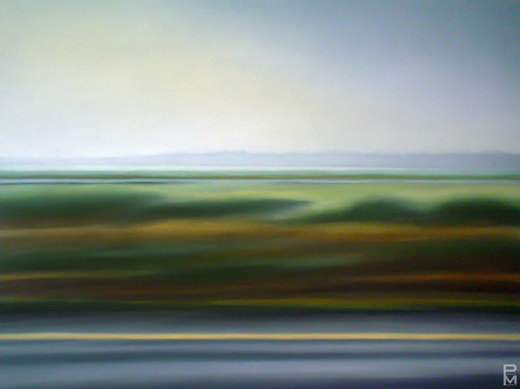 Motion-blurred painting of green fields and a road with a yellow centre line, seen from a moving vehicle