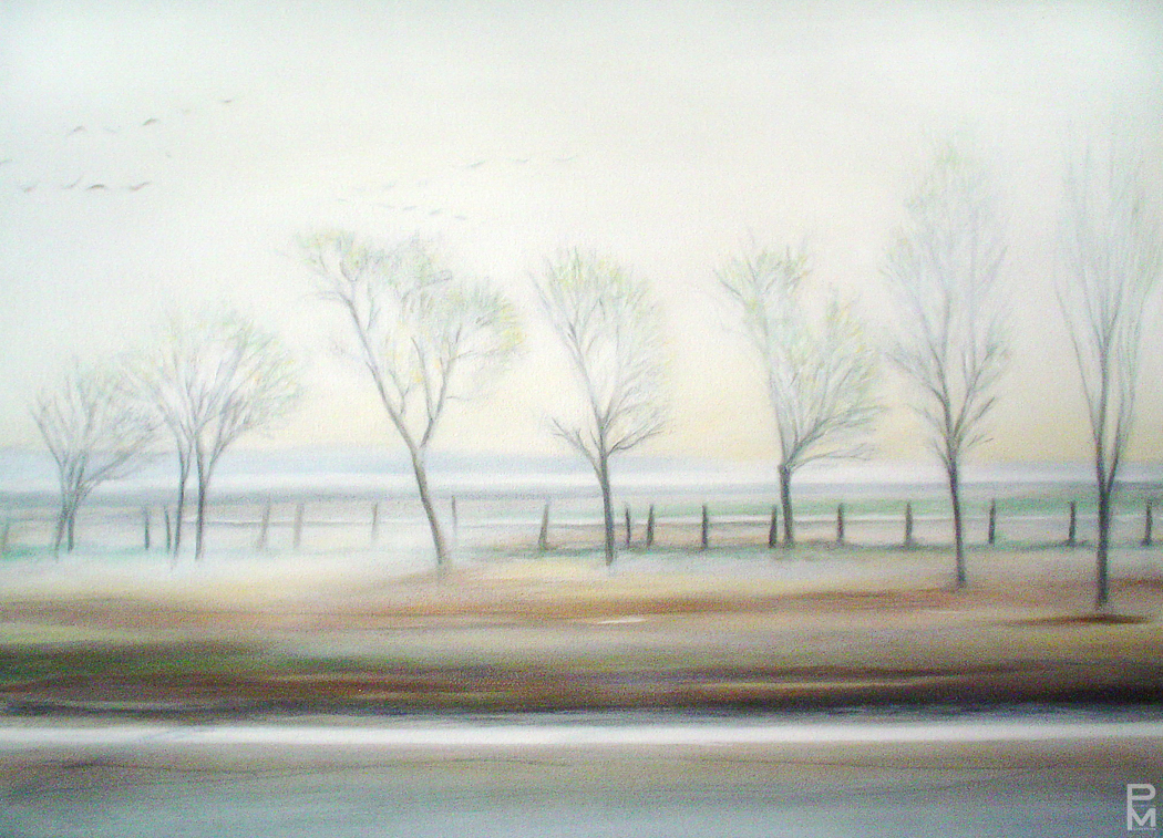 Soft pastel drawing of bare trees along a fence line with birds flying overhead
