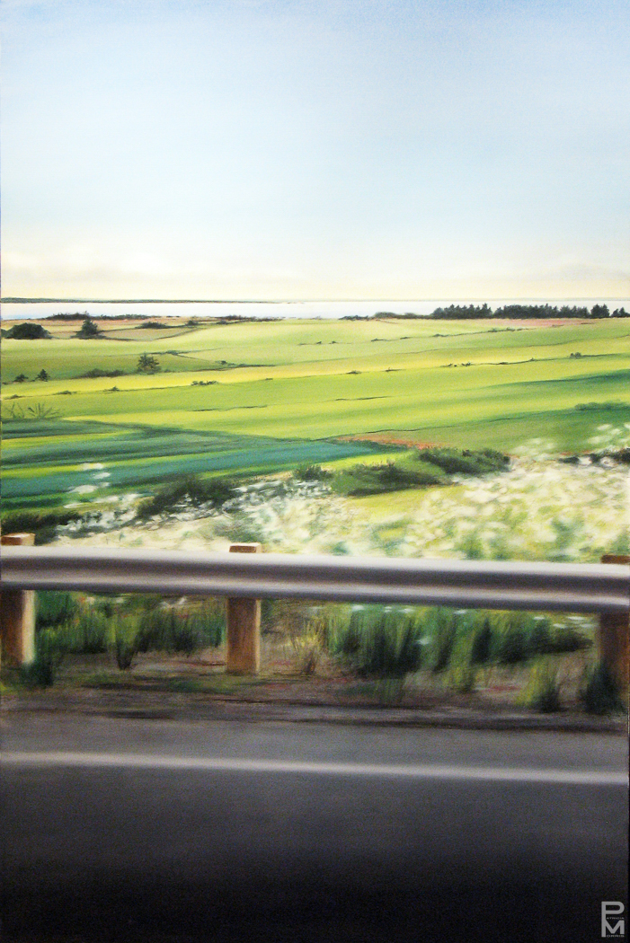 Detailed painting of green farm fields and coastline viewed past a highway guardrail