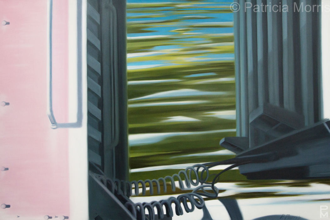 Motion-blurred painting looking through an open van door at a blurred green landscape, with a coiled cord in the foreground