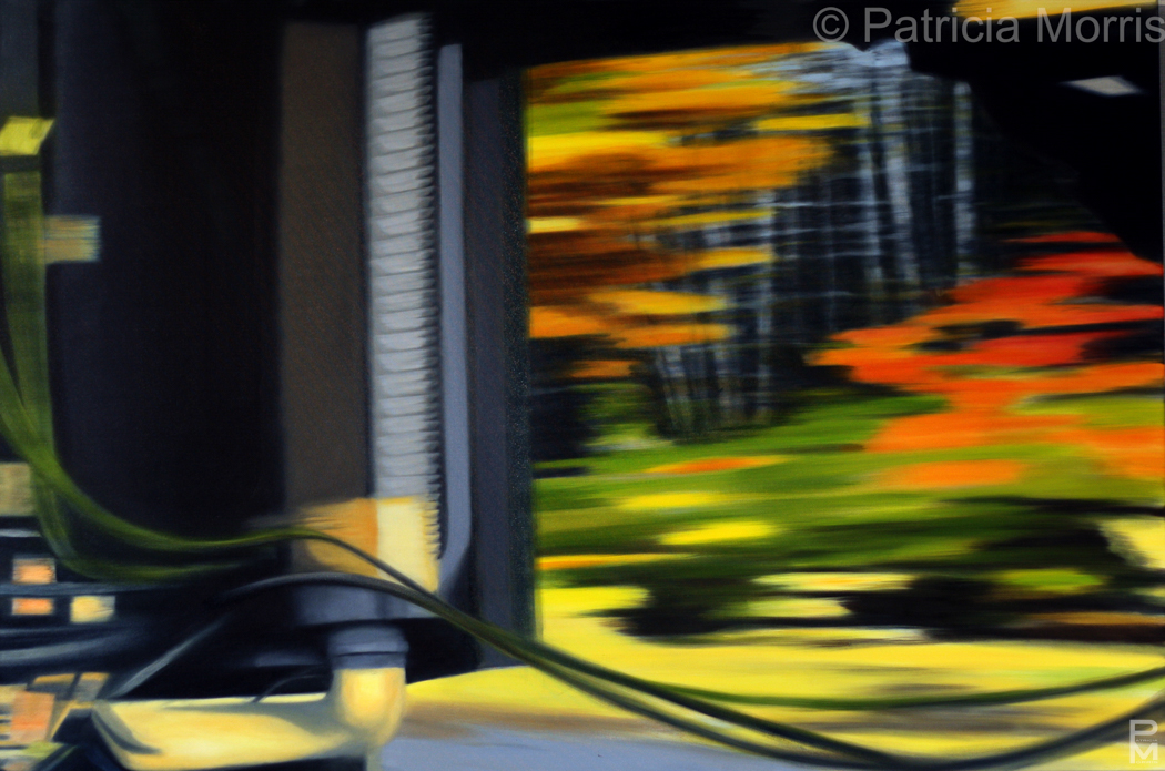 Motion-blurred painting of orange and red autumn foliage seen from behind the cab of a black truck while it passes