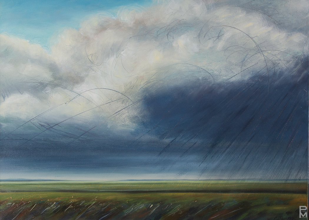 Painting of dark storm clouds and rain over a green field, with loose scribbled lines suggesting wind