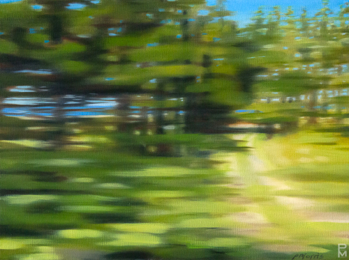 Motion-blurred painting of green forest trees and a sunlit dirt path leading to the shore