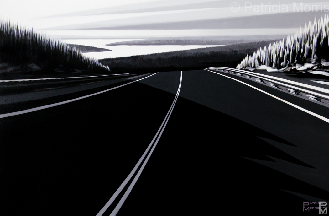 A stylized painting in black and white of a highway leading into the distance