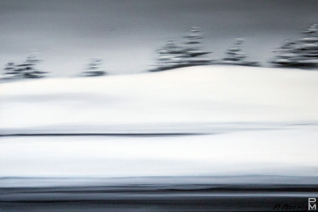 Motion-blurred painting of trees against a white snowbank along the side of the road