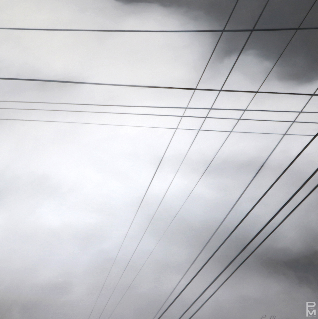 Minimalist grey painting of criss-crossing telephone wires against a cloudy sky