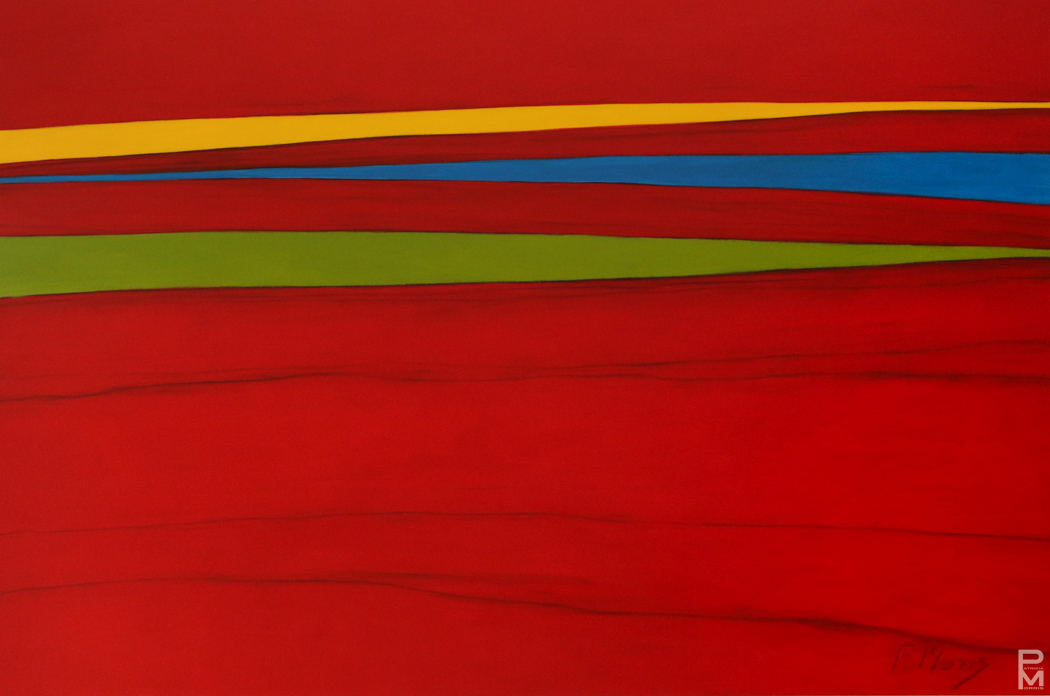 Abstract stylized landscape painting in red, with horizontal bands of yellow, blue, and green