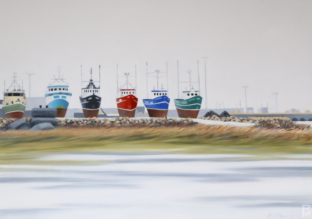 Painting of colourful fishing boats moored side by side at a harbour