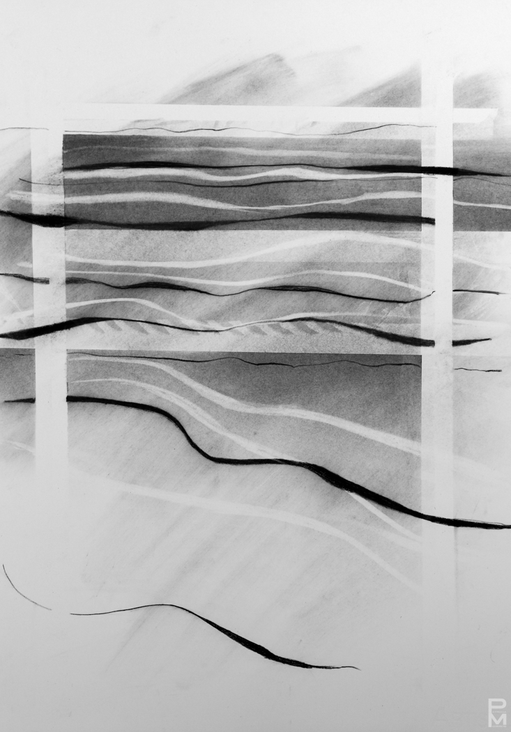 Black and white charcoal sketch of layered wavy horizontal lines suggesting rolling fields, overlaid with a faint grid
