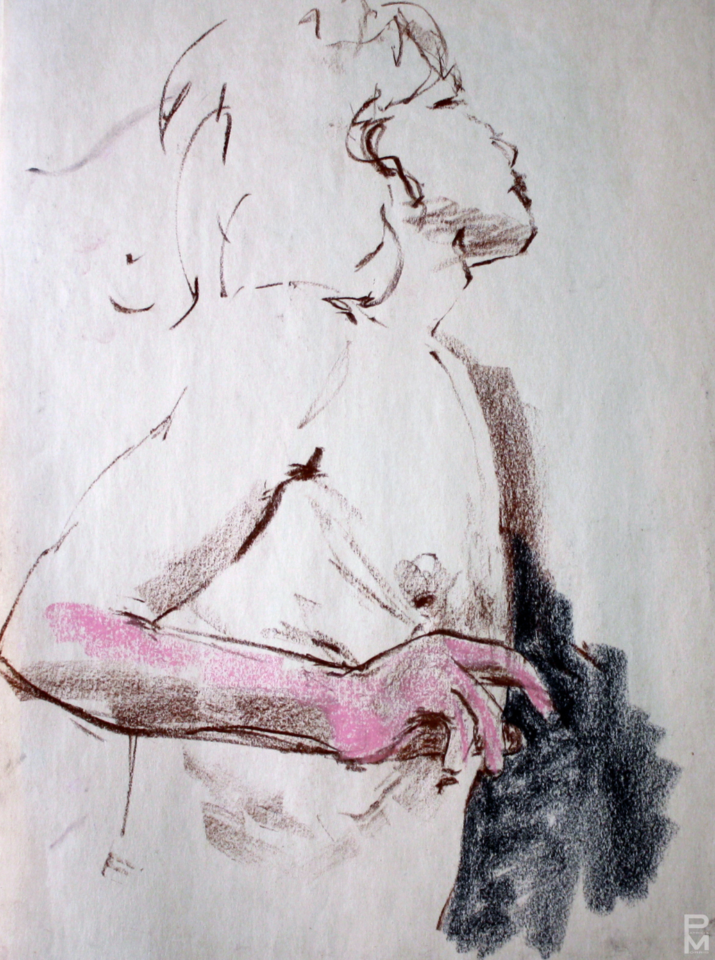 Charcoal figure drawing of a male head and torso, focusing on his right arm