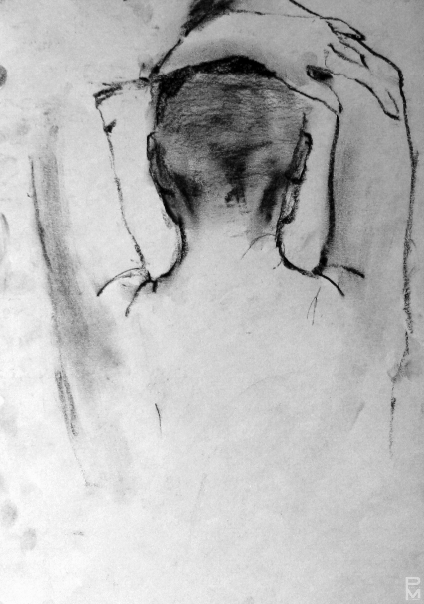 Charcoal drawing of a womans head and arms seen from the back
