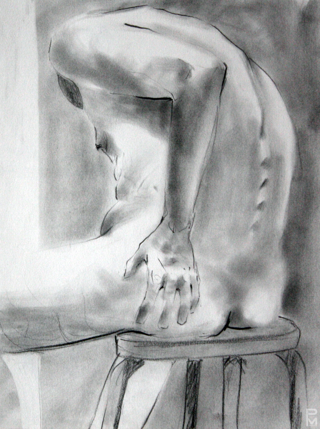 Graphite drawing of an older male figure sitting on a stool seen from the side, focusing on his left arm and spine