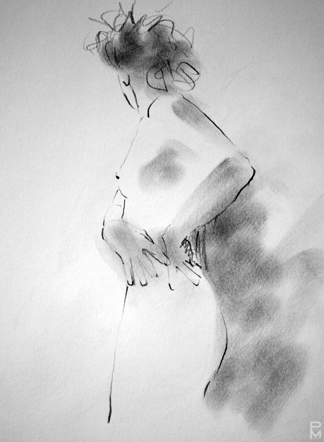 Graphite drawing of a female figure focusing on her torso and hands, seen from the back/side