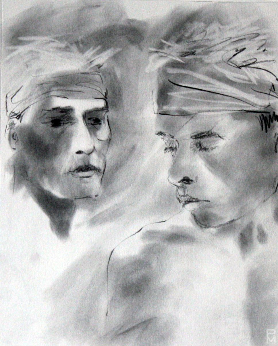 Graphite drawing of two portraits; an older and a younger male figure