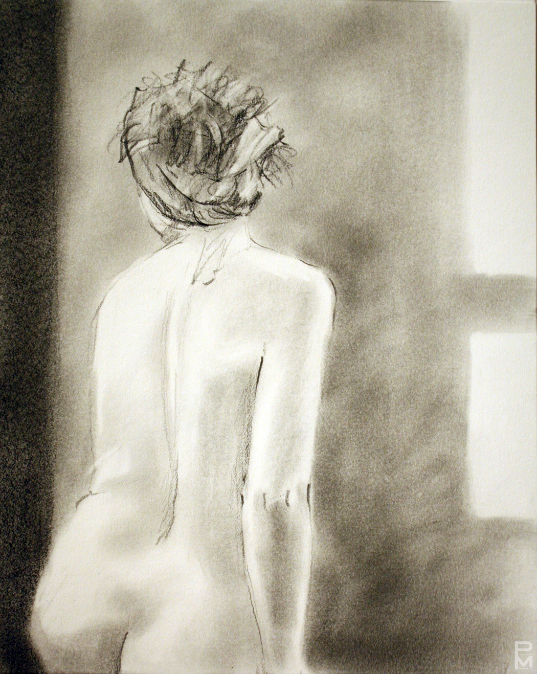 Conté drawing of a female torso seen from the back
