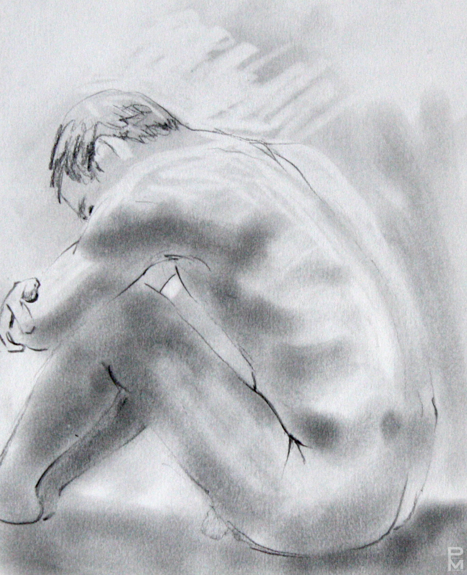Graphite drawing of a seated male figure seen from the side