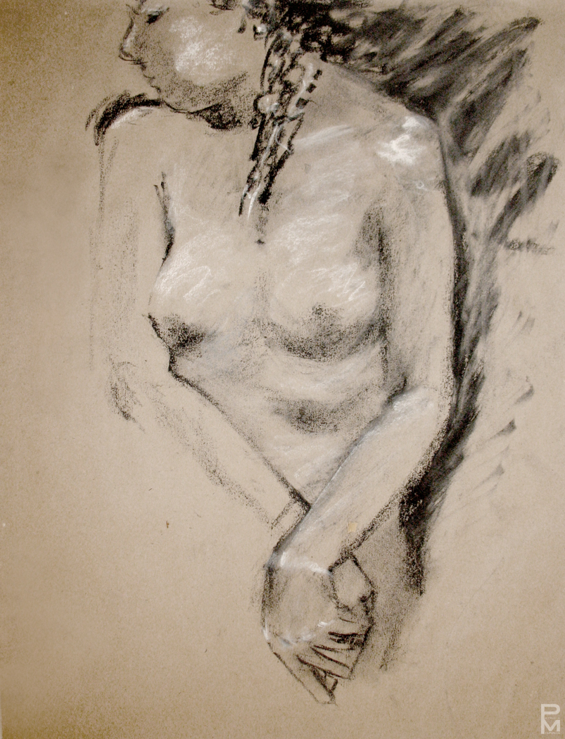 Charcoal drawing of a female figure seen from the front