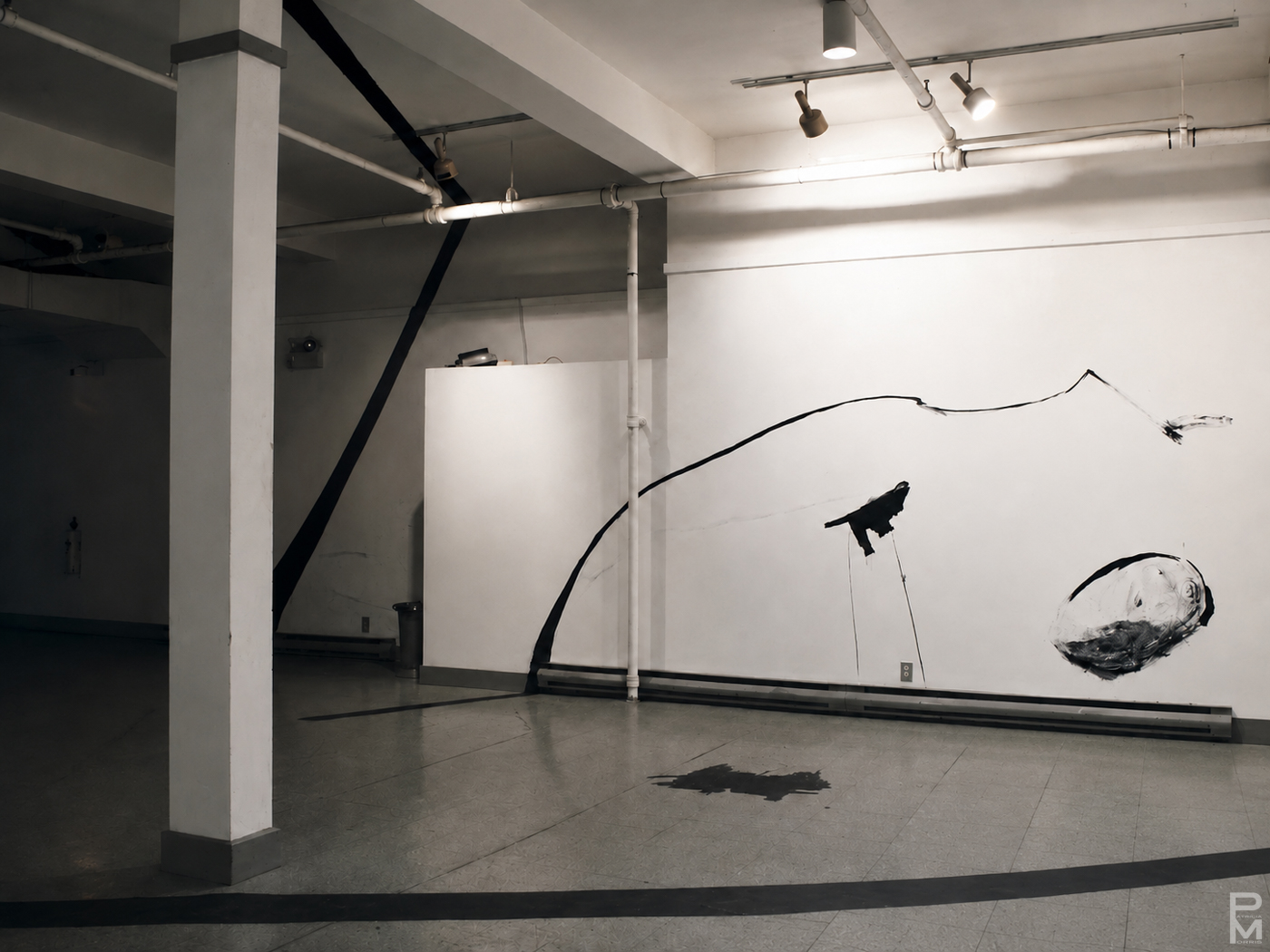 Black and white view of ART PLAY III installation with painting on the gallery walls, floor and ceiling and geometric light projections across the gallery floor.