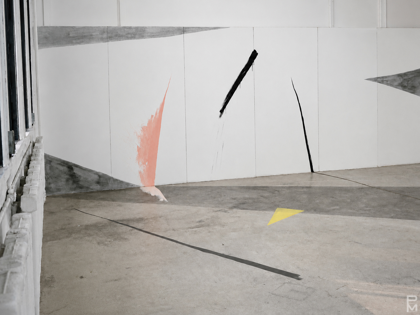 Black and white view of ART PLAY I installation with painting on the gallery walls and floor.