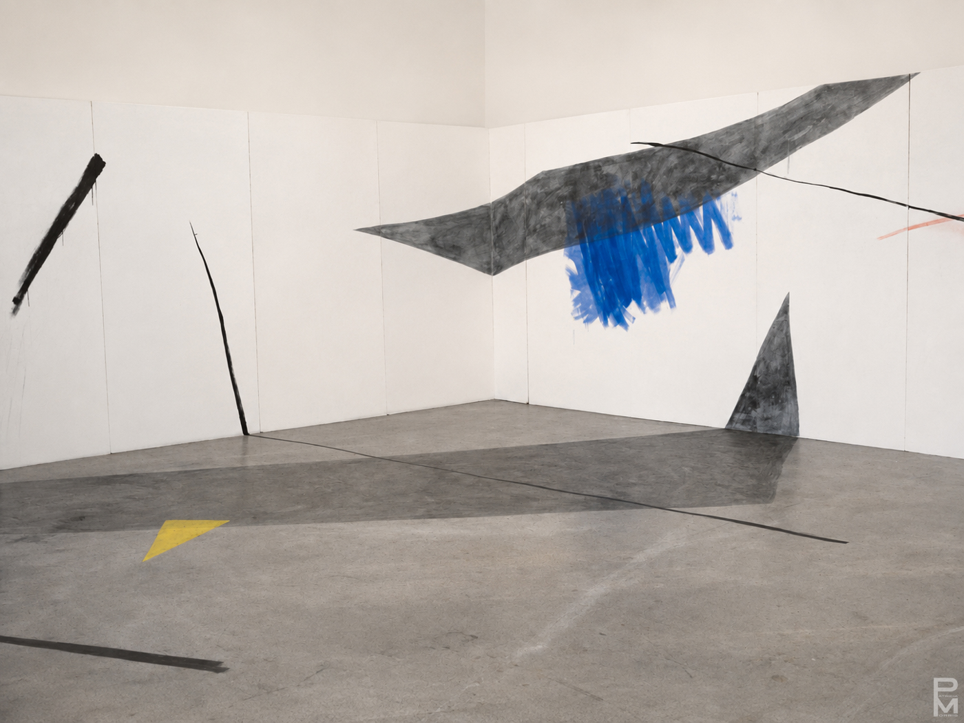 Black and white view of ART PLAY I installation with painting on the gallery walls and floor.