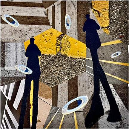 Collage of long human shadows, yellow parking curbs, and concrete textures with circular cutouts