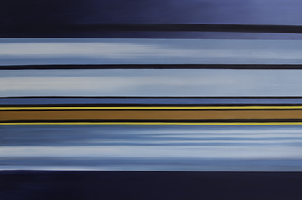 Abstract painting of horizontal blue and gold streaks