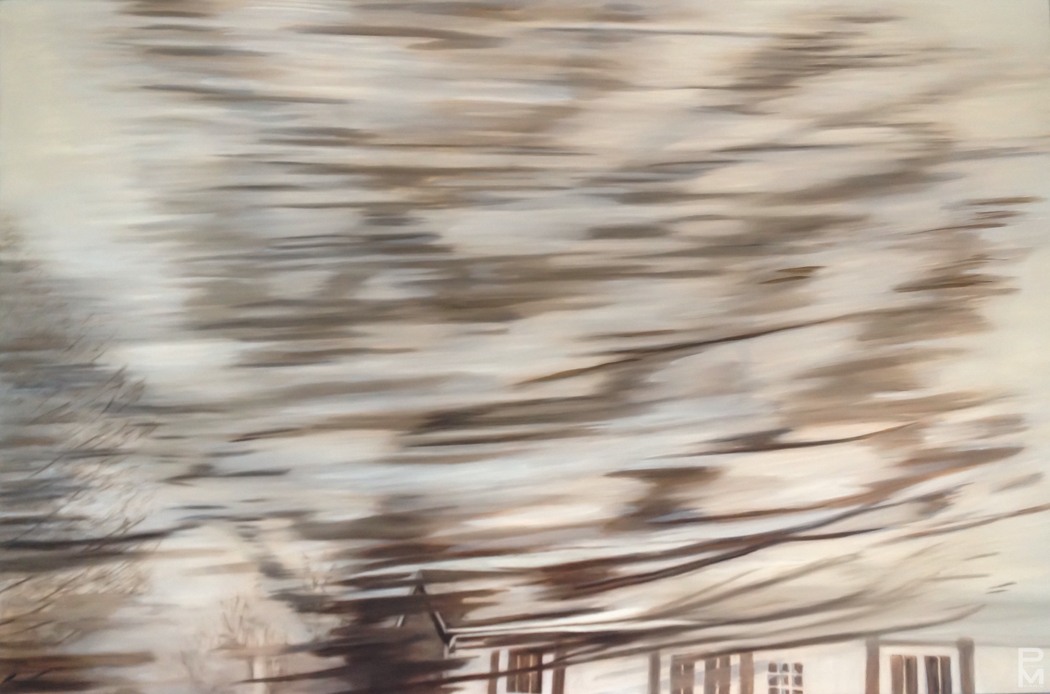 Finished painting of bare winter trees and a house rendered as horizontal streaks of motion