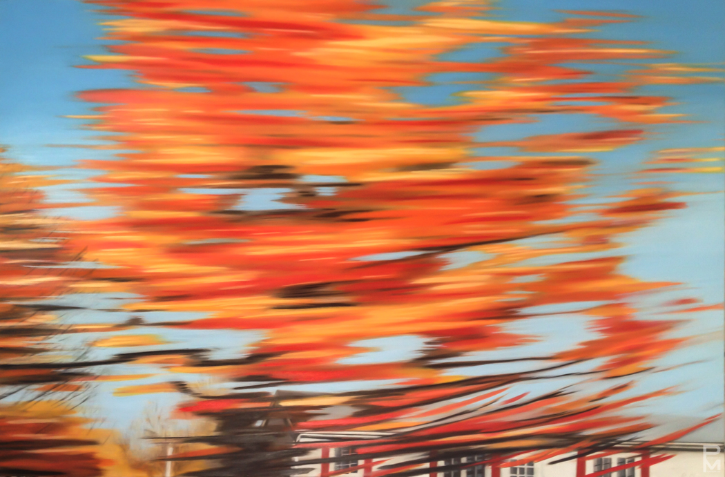 Finished painting of a red and orange autumn tree rendered as streaks of motion against a blue sky