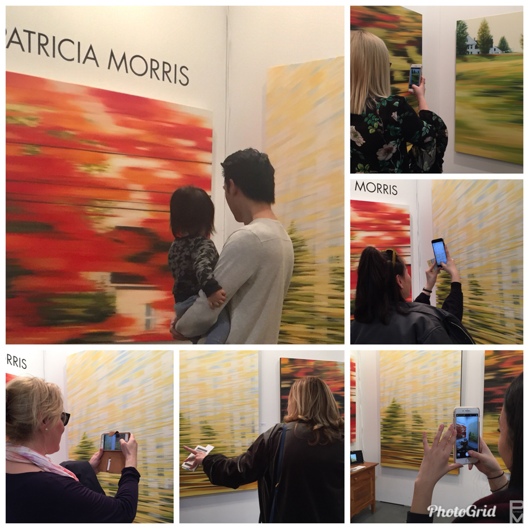 Collage of gallery visitors photographing the Patricia Morris exhibition on their phones